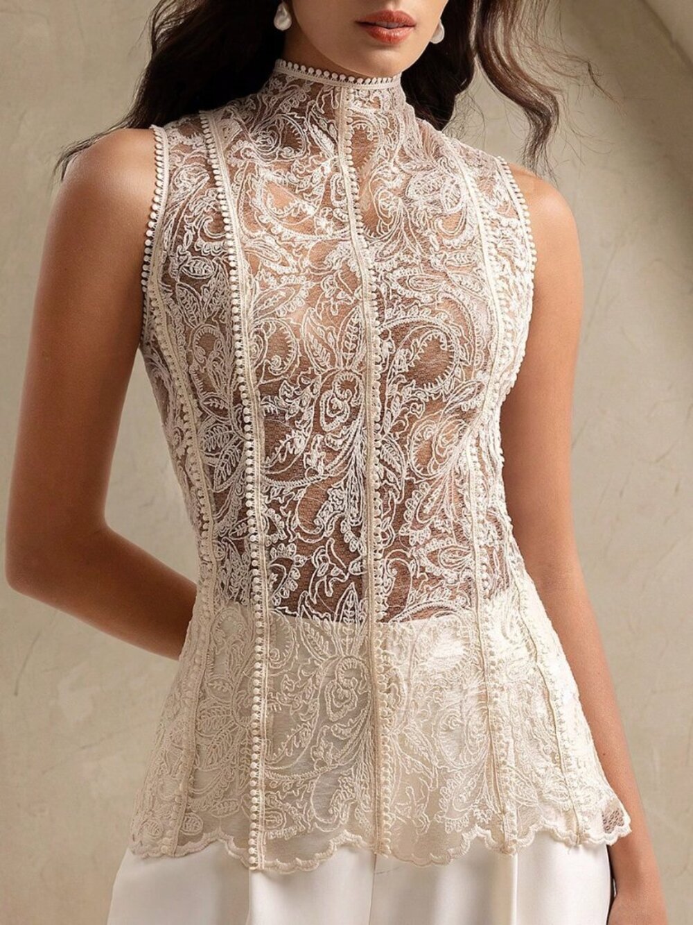 Apricot Elegant Women's Floral Embroidered Mesh Sheer Wedding Top